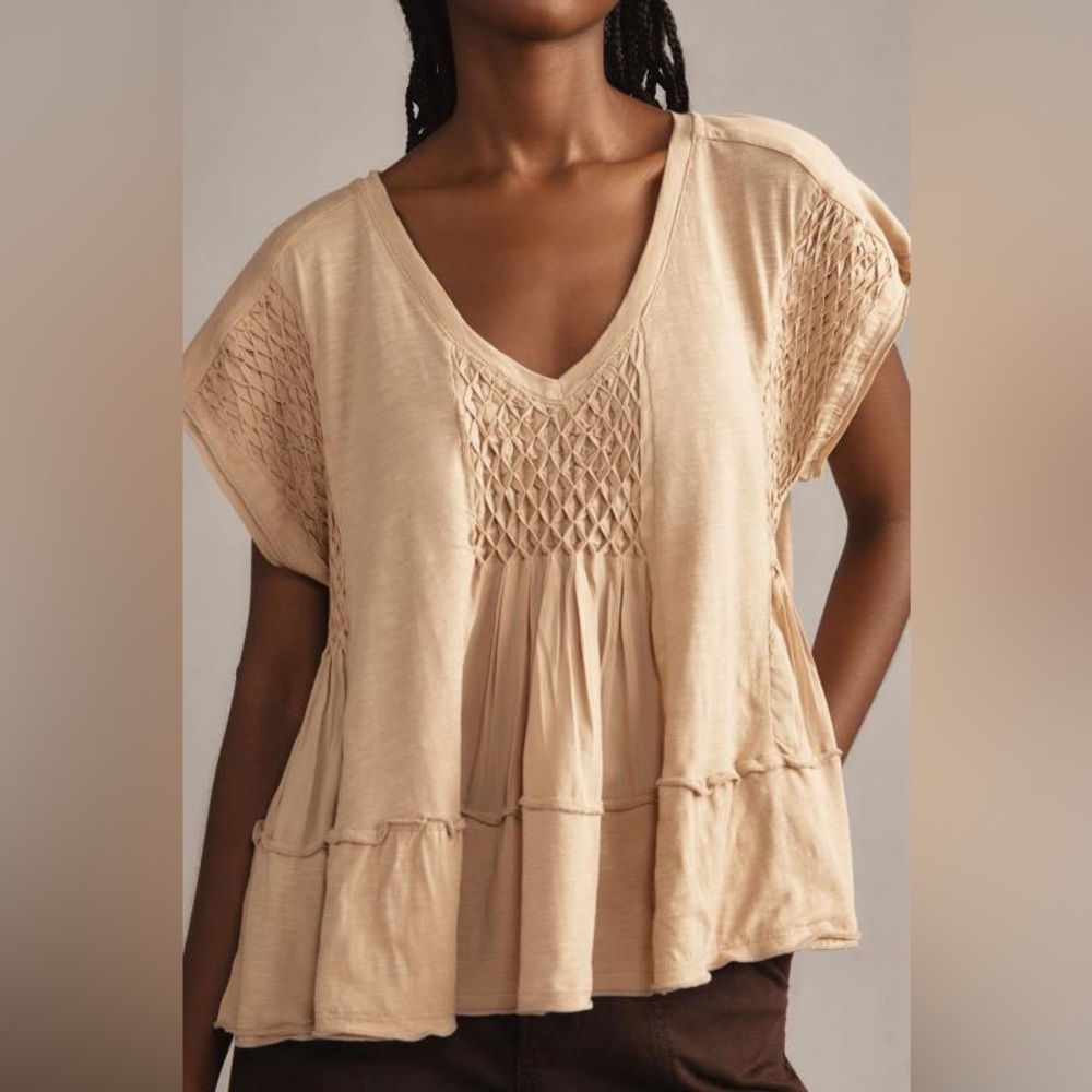 Anthropologie Smocked Swing Tee Granola Chic  Ruffled Tiered Flowy V-Neck Top XS